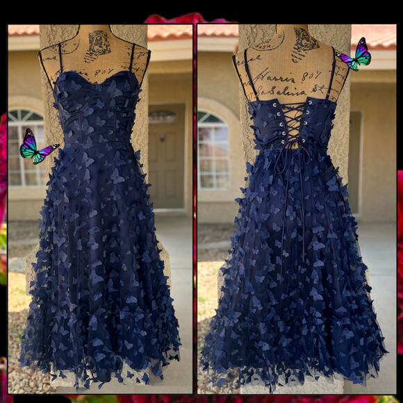 Lulus Time to Fly Navy Blue 3D Butterfly Lace-Up Midi Dress Size Small - Picture 5 of 14